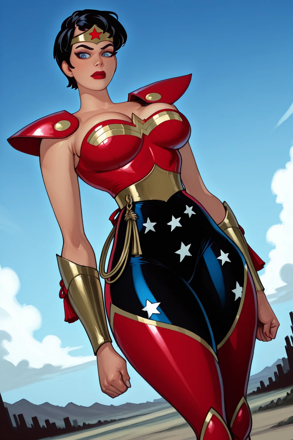 Thai Woman thailand superhero suit Thailand clothing blue and white and red clothes Flag of Thailand long black hair pale skin black eyes thai background