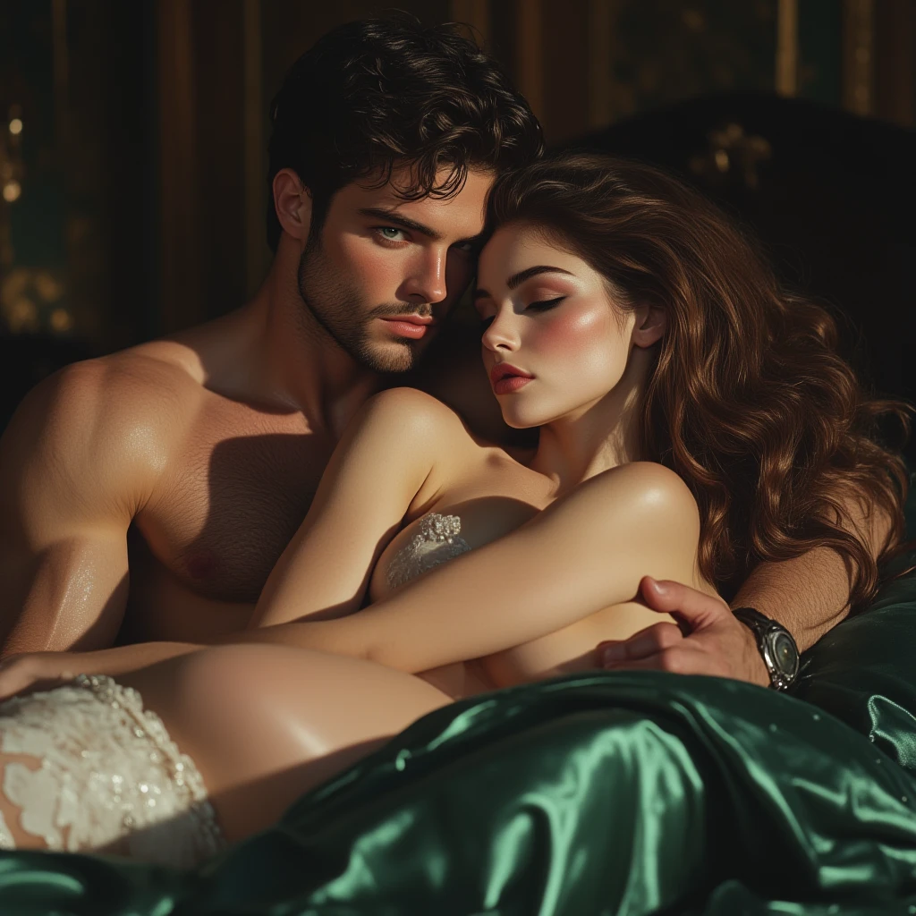 (masterpiece, 8K, UHD, RAW), A sexy blonde girl kissing a evil vampire in bed, (((a beautiful young woman riding on top of one huge horrific vampire))), (she rides the male vampire with lustful femininity), her beautiful body is covered by a sheer translucent white lace bra with Art Nouveau embroidery, big sexy perky breasts, her pristine delicate features contrasts with the horrendous menacing fangs of the corrupted male vampire, full body vibrant illustrations, intricately sculpted, realistic hyper-detailed portraits, queencore, depicts real life, the scene happens in a luxurious Art Nouveau boudoir with studio illumination, red and teal silk satin