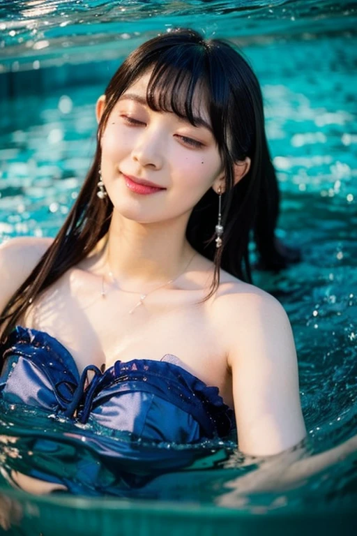 (highest quality, 4k, masterpiece :1.3), 
sharp focus, shallow depth of field, Bright colors, professional level, 
20-year-old, 1 person, (Half Japanese and German woman）, The face of a famous Japanese actress, 
Supple body :1.3, model body shape:1.5, perfect style：1.4, 
narrow shoulders, beautiful clavicle, long and thin legs, 
delicate body shape, The beauty of slim abs :1.2, thin waist :1.2, 
super detailed skin, Fair skin, Shiny skin, super detailed face, 
slim facial contour, beautiful small face, Beautiful lined nose, 
super detailed eyes, long slit eyes, brown eyes, double eyelid, Beautiful thin eyebrows, fine long eyelashes, 
super detailed lips, plump lips, glossy pink lips, flushed cheeks, beautiful teeth, 
Beautiful actress&#39;s ennui makeup, pink lipstick, 
dark brown hair, delicate soft hair, 
(hair up, medium short hair, ponytail:1.2), 
layer cut, (dull bangs:1.2), 
(stylish looking earrings,necklace,bracelet,shiny nail art:1.2), 
cute smile, open mouth half way, Enchanted expression, ((Staring at the viewer)), 
(((photorealism,Shoot the whole body from the thighs:1.5))), ((The body is facing sideways)), 
Photographed directly from the front, dynamic lighting, 

(Dress up in a tight knit green polka dot sweater:1.2), 

((The crystal clear waters of a tropical resort, Immerse yourself in water up to your waist:1.2)), 
The midsummer sun shines on the whole, 