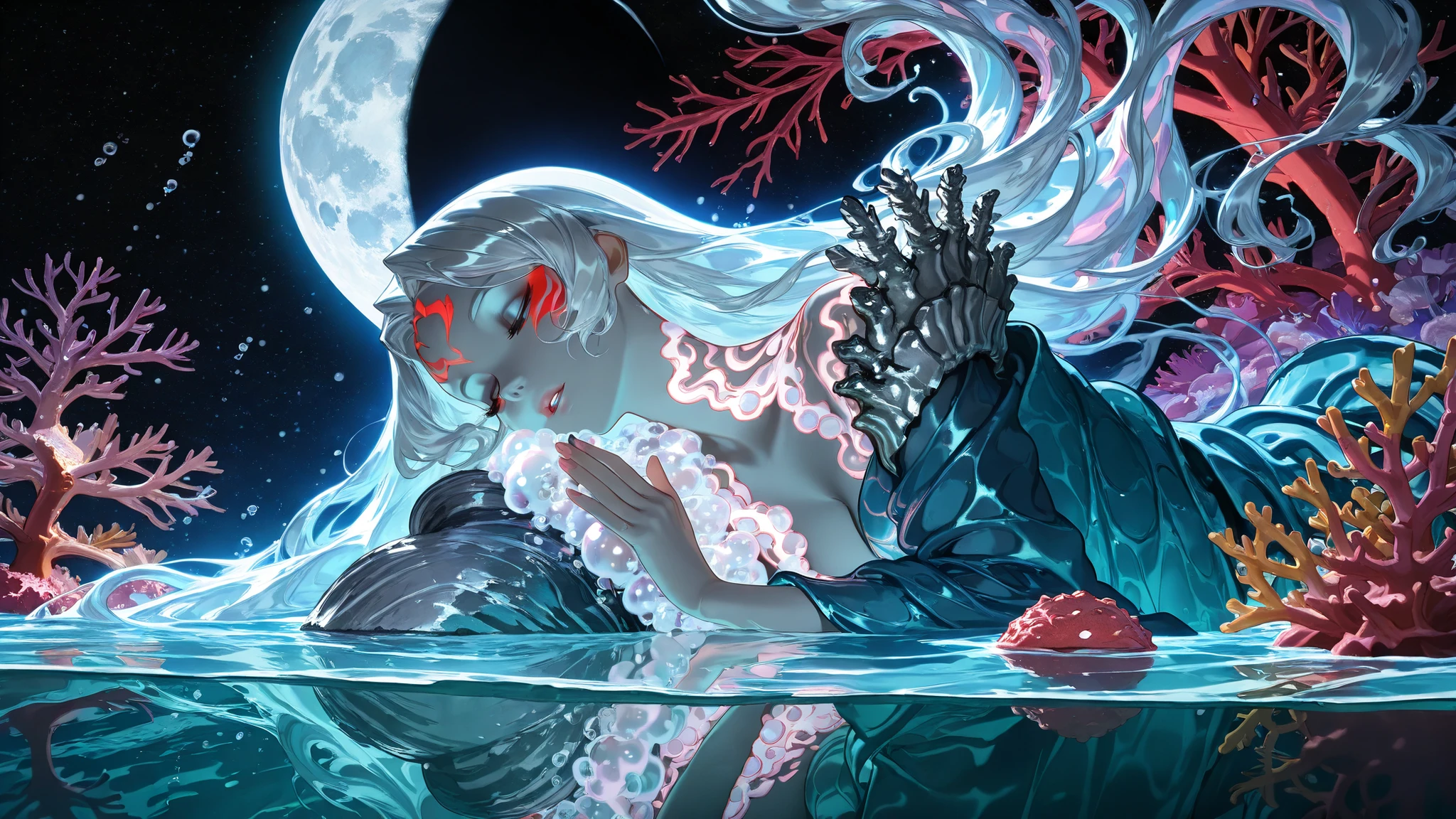 (sleeping siren:1.3), (ethereal glow:1.2), submerged in abyssal depths, (coral throne encrusted with moon pearls:1.4), bioluminescent scales, flowing hair like liquid silver, (ancient shipwrecks floating in dream bubbles:1.3), schools of neon jellyfish, (tide markings pulsing with lunar rhythm:1.2), soft coral blankets, (parted lips whispering ocean lullabies:1.1), (water surface distortion above:1.3), (giant clams guarding treasures:1.1), Renaissance fantasy style, intricate details, cinematic lighting, chiaroscuro, by Anne Stokes and Kinuko Y. Craft, trending on ArtStation, Unreal Engine 5, 8k resolution  