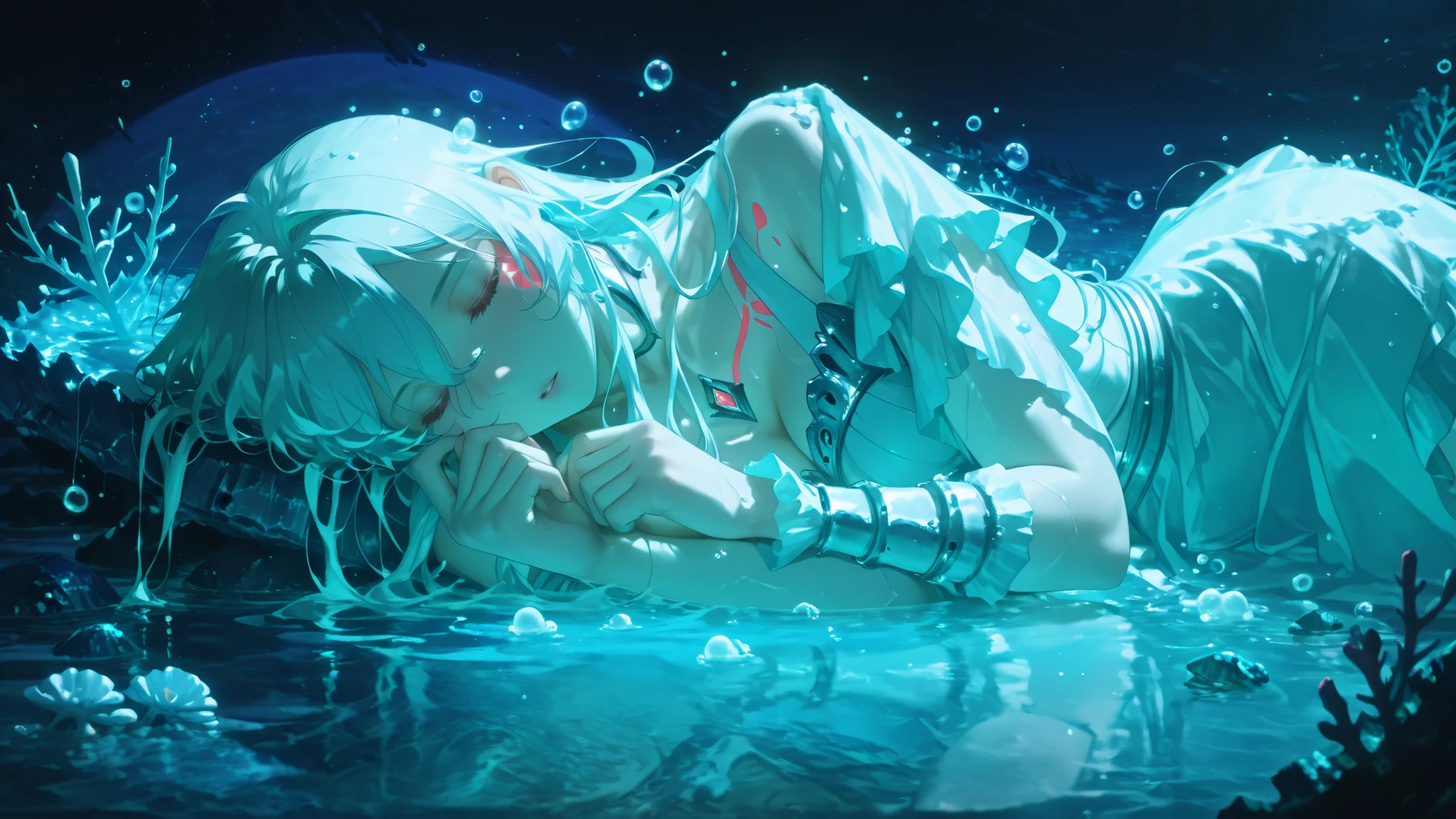 (sleeping siren:1.3), (ethereal glow:1.2), submerged in abyssal depths, (coral throne encrusted with moon pearls:1.4), bioluminescent scales, flowing hair like liquid silver, (ancient shipwrecks floating in dream bubbles:1.3), schools of neon jellyfish, (tide markings pulsing with lunar rhythm:1.2), soft coral blankets, (parted lips whispering ocean lullabies:1.1), (water surface distortion above:1.3), (giant clams guarding treasures:1.1), Renaissance fantasy style, intricate details, cinematic lighting, chiaroscuro, by Anne Stokes and Kinuko Y. Craft, trending on ArtStation, Unreal Engine 5, 8k resolution