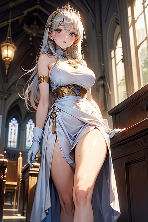 (masterpiece), best quality, expressive eyes, perfect face, front lighting, (inside curch sanctuary background), (standing at altar), (seductive look), (cleavage view), (1girl, Nami, 18 years old, orange hair, long hair, ponytail bun hairstyle, brown eyes, hourglass figure, left shoulder tattoo, skinny body, thin body, petite_body, small breasts, wide hips, thick thighs), (long dress, white v-neck dress with leg slit, white lace trim, strapless, sleeveless, exposed cleavage, white lace veil, jewelry, gold cross necklace, ring on finger, earrings),