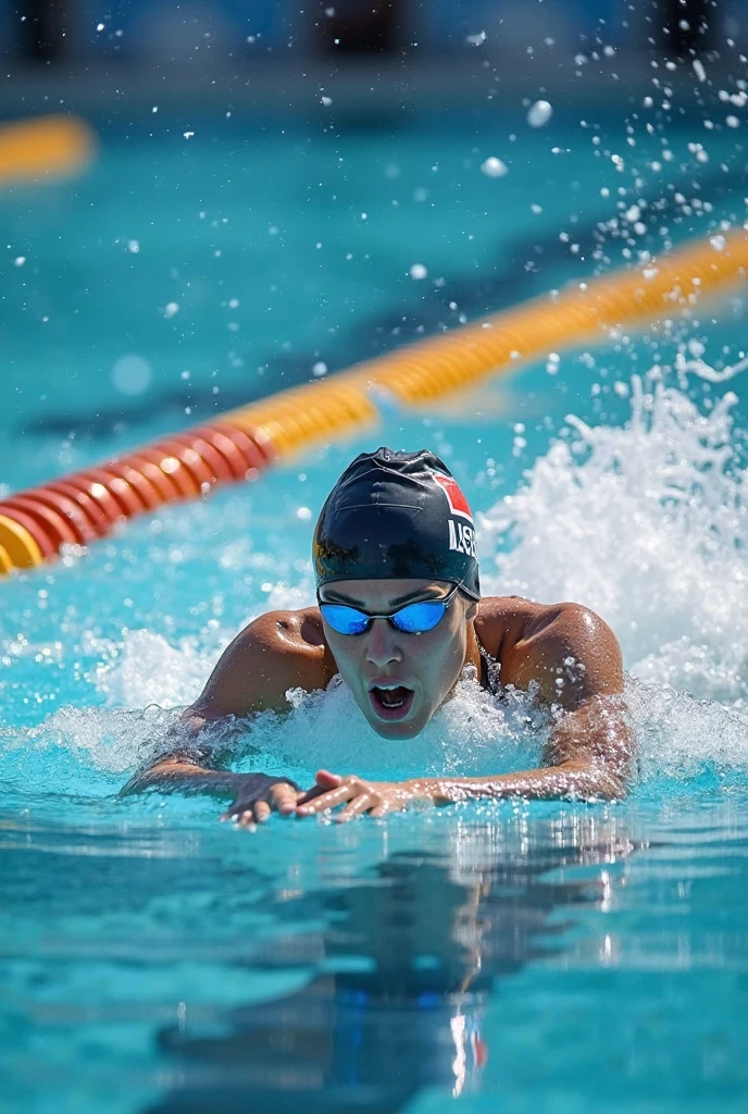 Black woman swimming in an Olympic pool wearing a swim cap and goggles