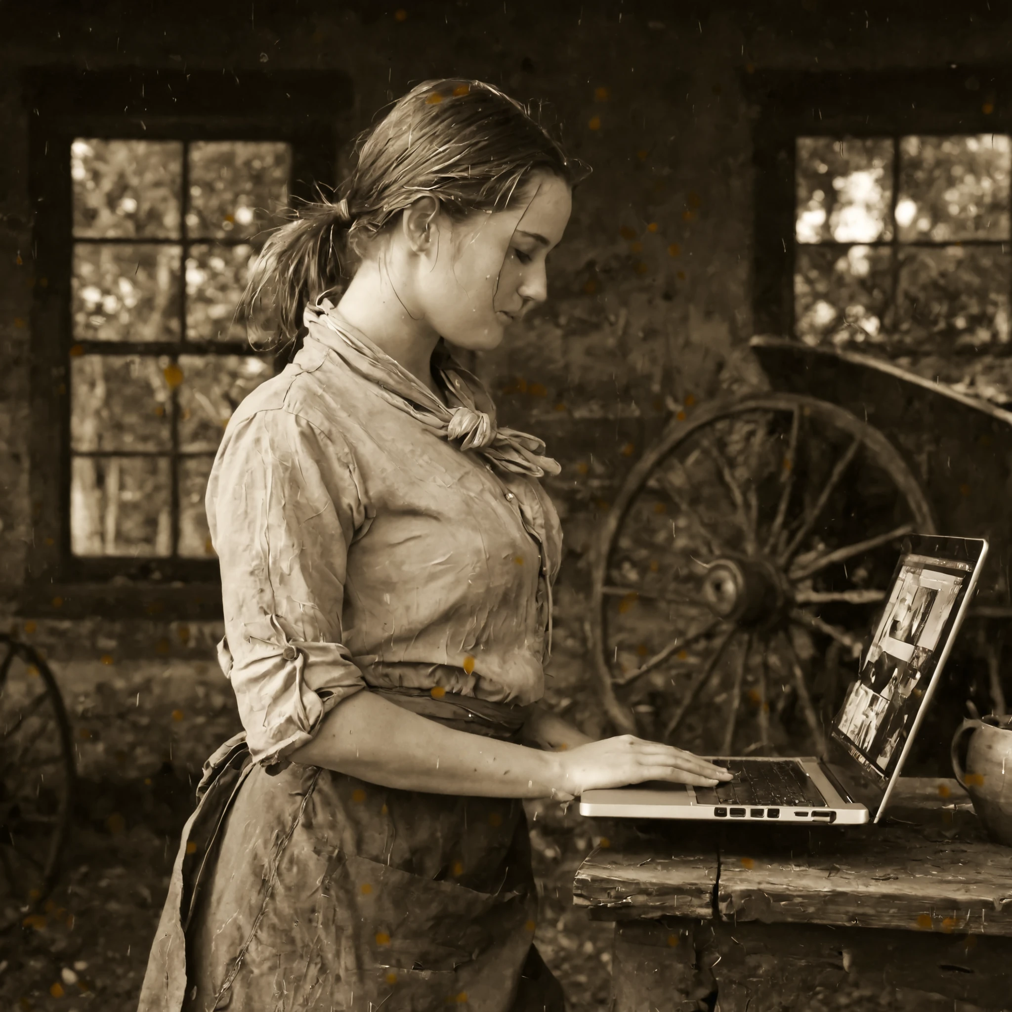 Main subject: modern young adult woman holding a MacBook (sharp modern laptop emphasized) and ((other large monitor)), casual outfit with subtle frontier touches (faded kerchief, light apron edge), slightly sheer work-style unbuttoned blouse with rolled-up sleeves and loosely tied bodice suggesting movement and soft curves, (wet breasts), skirt allowing motion, relaxed thoughtful expression, looking off-camera. Contemporary look preserved but textures echo period fabrics.

Setting: late 19th century American frontier homestead, vintage silver gelatin print style—sepia tone, faded earthy colors, heavy film grain, scratches and creased edges, soft vignetting, slight blur, high contrast, golden hour rim light. Dense rustic elements: weathered fence, wagon wheel, cast-iron pot, hanging herbs, dried corn, quilts, wooden buckets, faded photos, rolling prairie, distant wagon. Background softly out of focus for depth. Natural skin sheen aged to analog texture, light leaks, fine scratches, subtle exposure irregularities. Nostalgic overlap of past and present, no explicit content.
