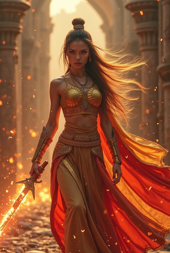 Ultra-realistic photo of a powerful big- fantasy beautiful Thai female full-armored heroine with long hair,evil sly smile,wearing highly detailed red and gold Royal-Thai pattern with metallic gold textures and weathered surface armored, Royal Thai ornament hat, right hand holding a long gigantic royal Thai pattern-style glowing energy broad-sword , left fist to a camera ,cinematic lighting, sharp focus, shallow depth of field, high dynamic range, soft shadows, realistic materials, photo taken in a studio with fantasy heaven city background, 85mm lens, f/1.4, ISO 100, 8K photo