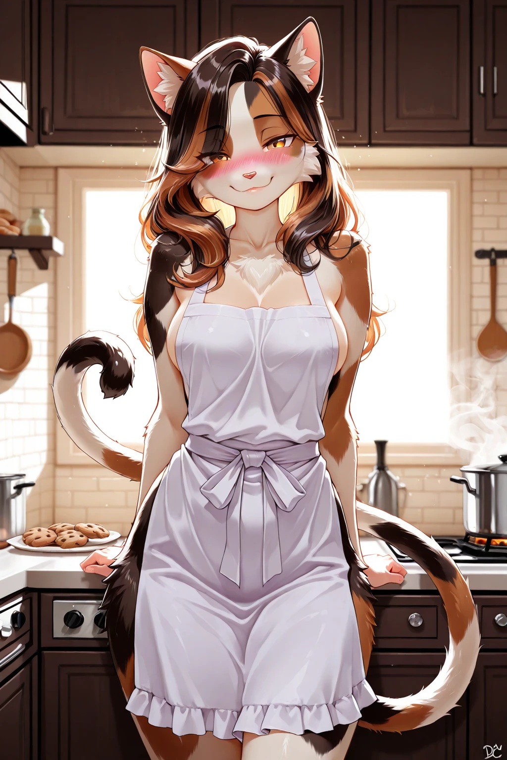 score_9, score_8_up, 1girl <lora:NSPennyStardew:1> NSPennyStardew, green eyes, short hair, red hair, earrings, curly hair, naked apron, cat ears, cat paws, :3, cat tail, leaning forward