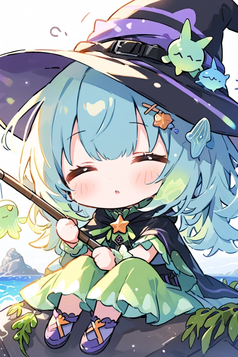 kawaii chibi girl, close-up, sleeping witch, holding a fishing rod:1.3, seated on sunlit coastal rocks, sleepy expression, head nodding motion effects, wearing witch hat with detailed seaweed and shell decorations, matching witch outfit softly flowing in the breeze, glowing bioluminescent jellyfish nearby as a faithful pet, small fish leaping from the sparkling sea in the background, highly detailed, warm morning sunlight illuminating the scene, gentle ocean mist blending with light rays,
