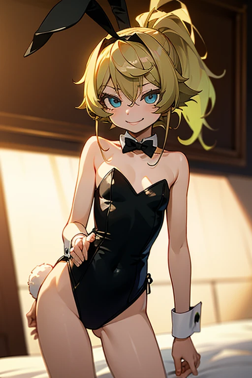 gonzarez, masterpiece, Serenaj, 1girl,l solo, 
 blue eyes, blonde hair, medium hair, open eyes, bar background, bunny girl, bunny girl outfit , bunng girl gloves, Cute face, 4k 