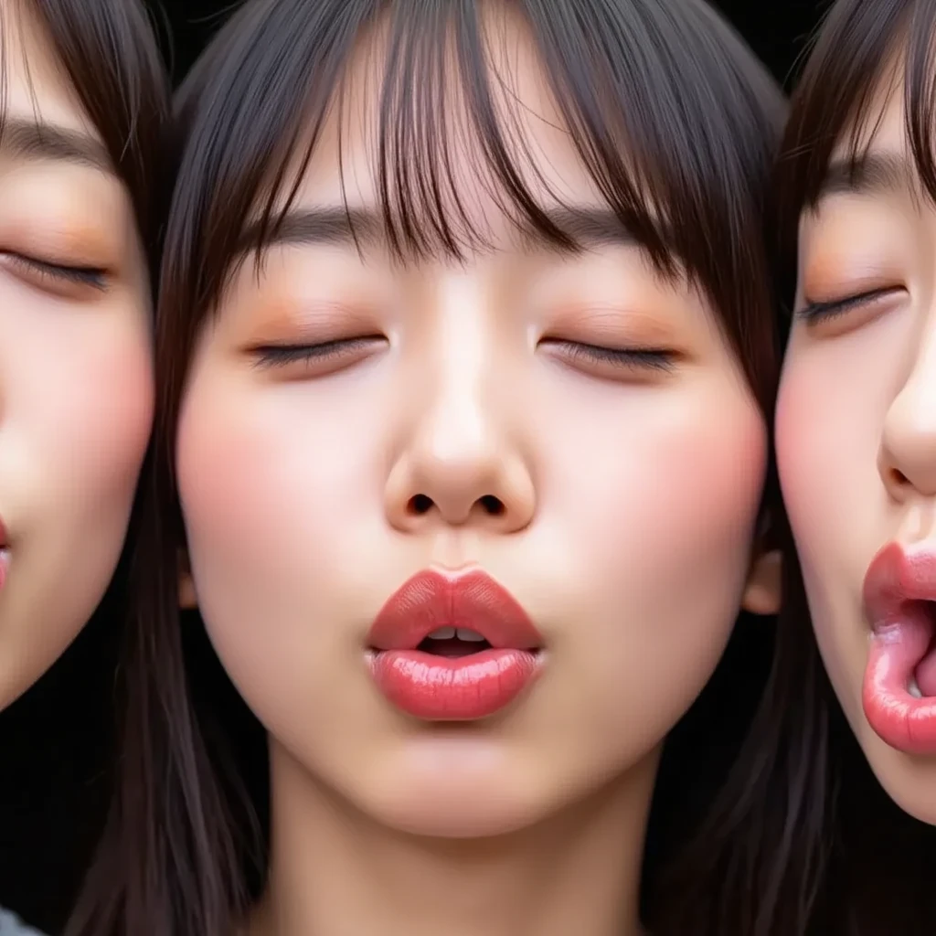 three japanese eldery ladies in kimono at luxerius office items sorrounded bright lighted modern office,their black straight bob hair back side made in to low single small ponytail while front parted hair maded into twin bun,100 liters of oil poured over their hairs making slick shinning like mirrors,tongues are highly visible,kissing 