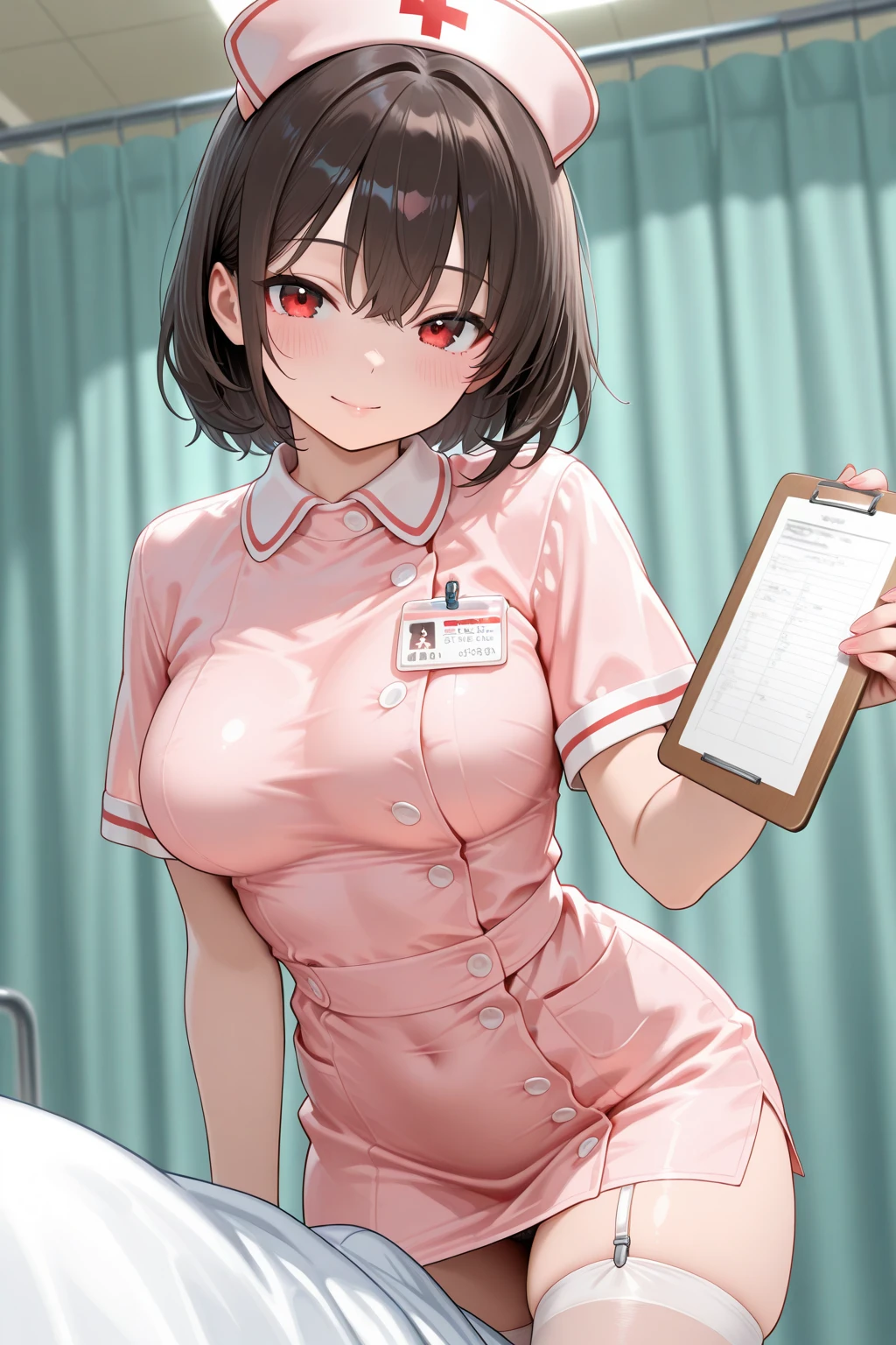 masterpiece, best quality, detailed, solo, 1girl, hmochako, nurse, stockings, seductive pose, nurse cap, chest curtains, gloves, smiling, caring, compassionate, interact, friendly, warm, hospital, medical clinic, nurse station, bedside, treatment room, medical equipment, supplies, hospital beds, monitors, medications, patients, colleagues, traditional, light blue, protective, background, setting, medical, clinical, bedside, treatment,  equipment, supplies, hospital bed, monitor, medication, surgical mask, short hair, medium breasts, beautiful brown eyes, cleavage, big breasts, sweating, blushing, heavy breathing,