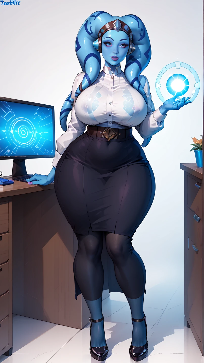 (masterpiece) (high Res), (robot), (Perfect face), (perfect anatomy) Television Head, woman in super tight clothes, (office suit), (mini skirt), shirt, tie, blue glowing eyes, huge breast, narrow waist, wide hips, thick thighs, Brown skin, metal body, black high heels, (TV Head), (tv girl), (Television Head), (((anime artstyle))), ((((solo)))), ((((alone))))