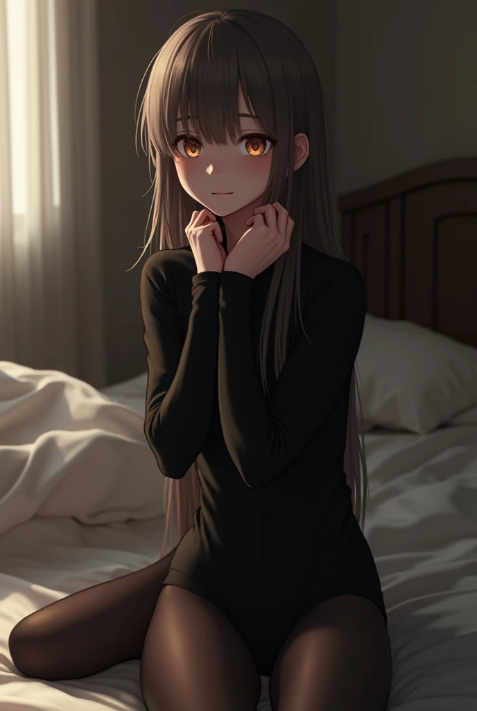 (Best quality,4K,a high resolution,masterpiece:1.2),portrait, girl with peach hair,loose hair ,bangs between the eyes, cat&#39;s ears, small breast size, skintight suit, Sleeping position, simple background