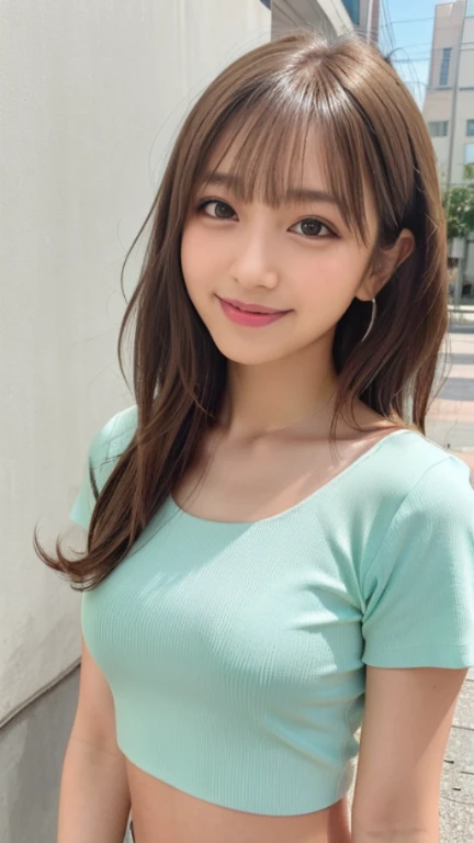 (masterpiece:1.2,Highest quality),Blur the background,One high school girl,((Tshirt)),(Big Breasts),((Sculpture Pose)),((Beautiful and beautiful eyes)),Blushed,Healthy Skin,Observe the audience,(smile),(Date in the downtown area),8K resolution