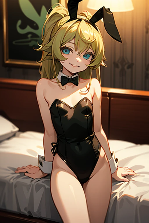 ryounasenran, 1girl, solo, breasts, looking at viewer, smile, short hair, open mouth, blue eyes, blonde hair, large breasts, thighhighs, animal ears, cleavage, sitting, underwear, panties, tail, hairband, one eye closed, bra, rabbit ears, white thighhighs, see-through, pillow, bed, fake animal ears, on bed, wariza, stuffed toy, lingerie, stuffed animal, rabbit tail, fake tail hi res, HD, anime, sharp, extremely coloured, flirtatious wink, sitting on knees, bedroom, made bed, 
