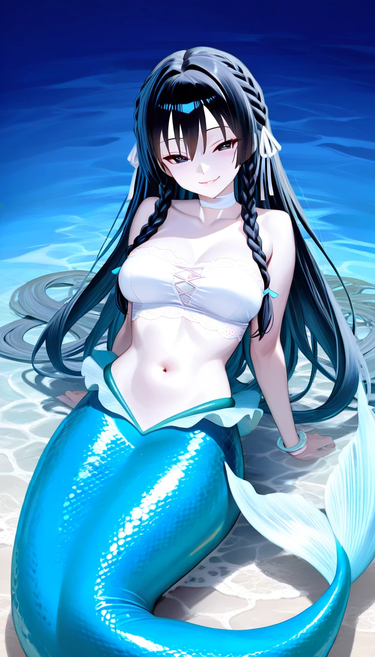 The mermaid, underwater sea, swim, coral, fish, fish ears, red lips, black hair, long hair, twintail hair, mermaid tail below waistline, eel mermaid tail, 