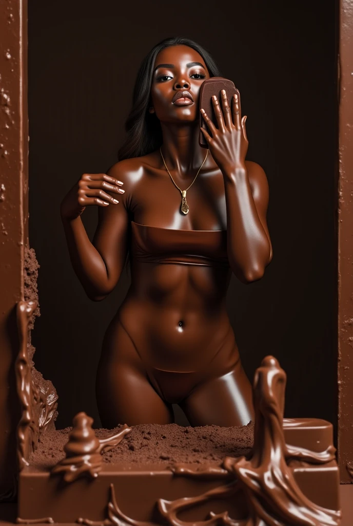 (full body shot, ultra-detailed, best quality, photorealistic:1.37, 4k, realistic, portrait photography, jiggling female, black girl, made by melted chocolate, melt chocolate everywhere, fluid brown chocolate, dense fluid chocolate, matte light, iconic pose, detailed facial features, vibrant colours, melt chocolate background, 35mm)