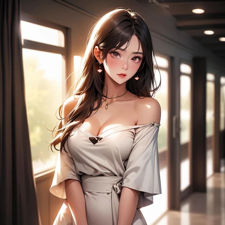 A woman with long black hair in a white dress with a pensive expression in the background of the airport
