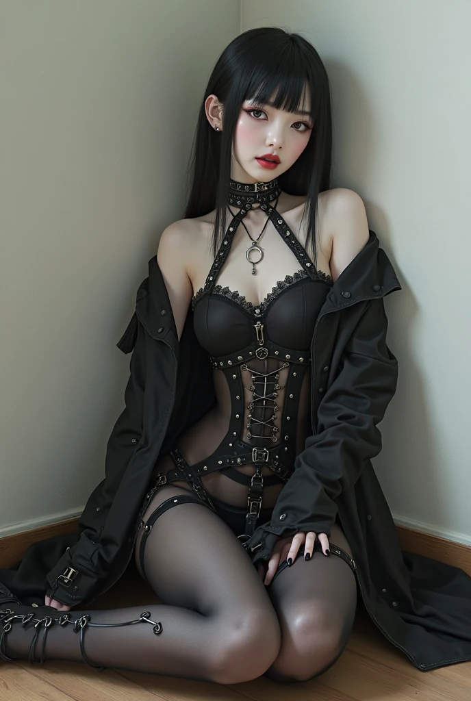 A slender 12-year-old Japanese vampire with bright red lips bites his prey's neck., Seduce you with sexy bondage fashion, 独奏, 12 years old child, Photos taken by a professional photographer, There are no adults in this room.., Bewitching makeup, vampire makeup, (Baby face:1.3), Young children, skinny body, small tits, Asians, dominatrix, Sexy gloves, Bondage Fashion, Enamel Pin Heel, garterbelts, fishnet tights, Small choker, Black lace, extra detailed face, very nice teeth, very detailed lips, highly detailed intraoral, Shiny hair, Shiny skin, Fair skin, 4K, photos realistic, Extremely realistic, masterpiece