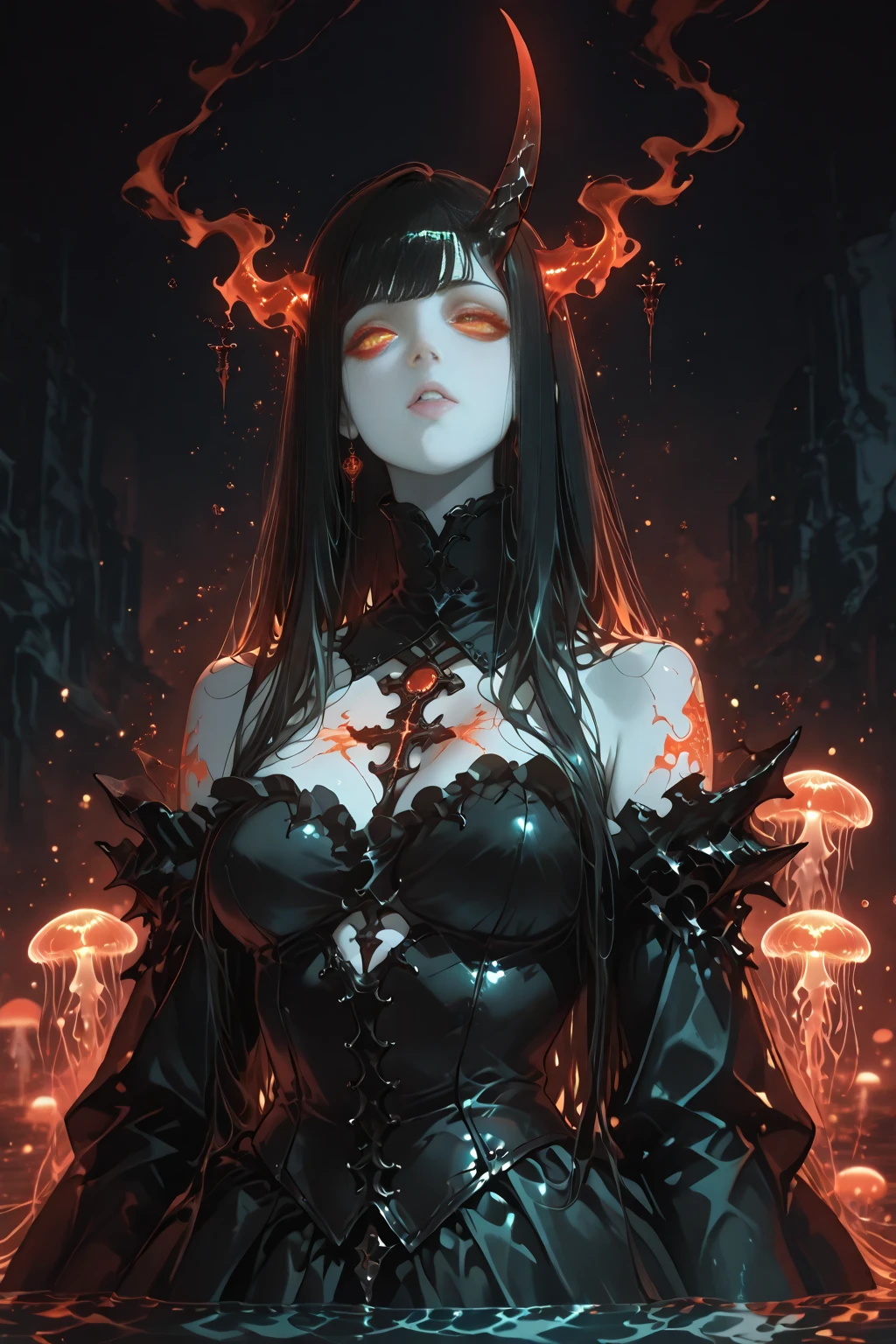 Fine、(The best illustrations)、8k UHD resolution、intricate-detail、top-quality、realisitic、ultra-detailliert、The best lighting、Best Shadows、Soft lighting、Ulutra HD、Ultra-realistic、Tindall Effect、Photorealsitic、(High Detail Skins:1.2)、 (Intricate details, makeup, pureerosface_v1:0.5), (Detailed beautiful delicate face, Detailed beautiful delicate eyes, A perfectly proportioned face, High detailed skin, Detailed skin, best ratio four finger and one thumb, arms below breasts, Tattoo with a red glow under the stomach、Awesome awesome, wide hips, smooth midriff, skiny and thin, __Fashion__, __hair__:1.25)、Digital SLR、 absurderes、1 beautiful devil woman from hell, surreal female portraits by David Hockney and Alphonse Mucha, Portrait of a seductive woman、Fantasy Art, Chinese Doll、Chinese actress、Dungeon、The dragon、Devil's Palace、Devil's Torture Chamber、natta、Dark style 、In the Dark、(Detailed spooky backgrounds:2), magia、 女の子1人、Evil Nun、Dark Necromancer、Succubus、Devil's Daughter、Umi Shinonome、Bat Wings,(((Demon Horns)))、 ((((Huge glasses, Otaku Glasses, thick glasses, Round glasses)))),(((Colossal tits)))、(Devil's Tail)、(red eyes glowing:1.6)、red eyes make up very sharp and detailed, The eyes are very well made up, ((Red Eye:1.0)),intricate tattoos, demonic intricate tattoos, thigh tattoos, body tattoos, masterpiece、The most beautiful face、a baby face、Charming smile、plump beautiful red lipuscular seductive body、The enchanting body of the devil、devil style、Seductive Black Magic Costume、(((A shiny red snake is wrapped around her body)))、The long-haired、Braids、A dark-haired、Ponytail distortion、, Ponytail with a bow tied at the back of the hair, Beautiful expression、Body Up、Large breasts emphasis、Bust, Super tight breasts, Breast augmentation surgery, The breasts are very big and round and round,Toned waist、Wide buttocks、 lowkey, cowboy lens, (Black Phoenix Dress: 1.0), devil crown, Red sparkling gemstone necklace、Jewelry Gwise, wearing black mesh socks,Wear light red、nffsw,