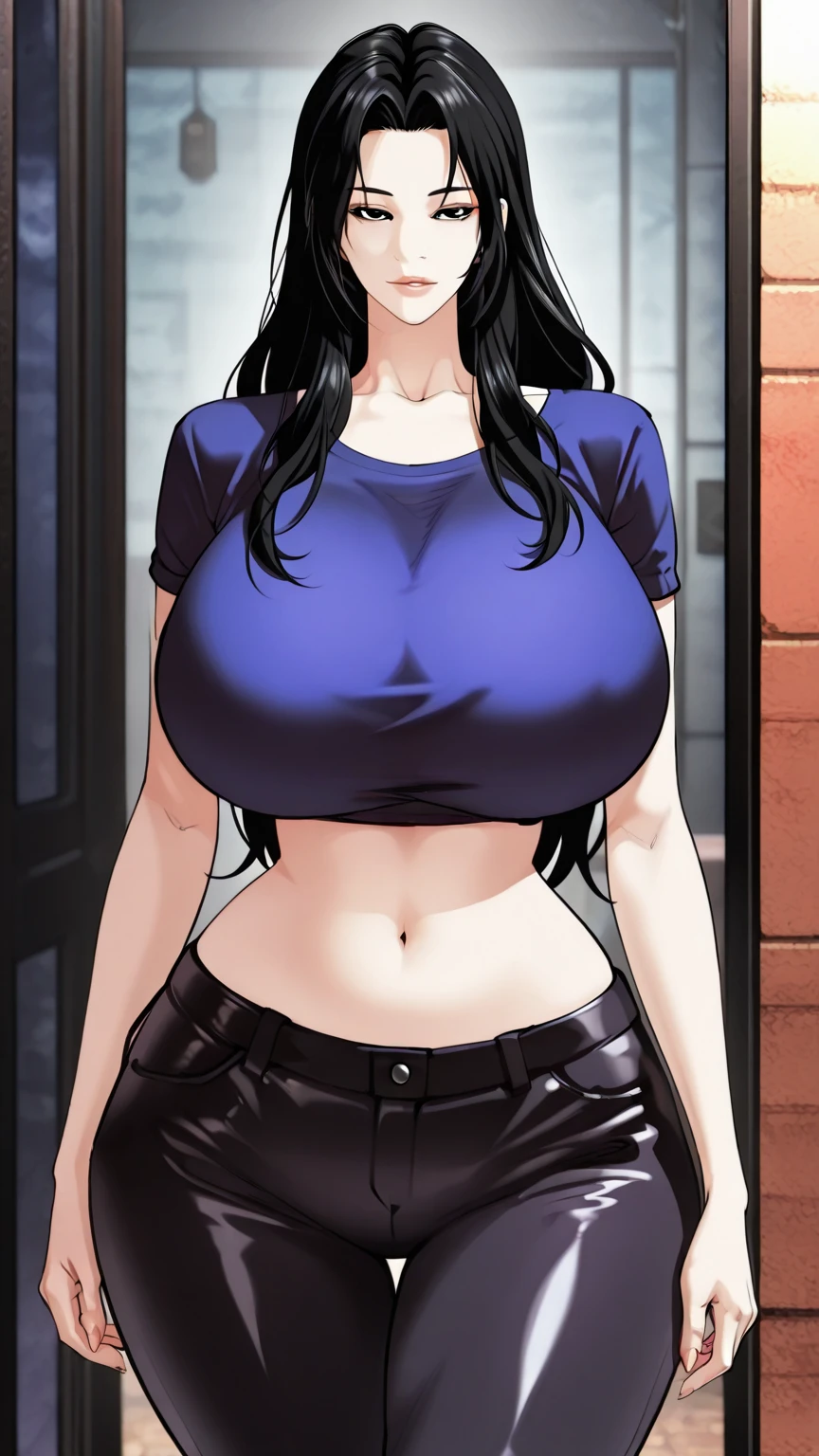 score_9, score_8_up, score_7_up, source_anime, rating_explicit, beautyful mature japanese woman, slim body, slender body, black jacket, lowered jeans,big long fringe black hair, black lipstick, pink bra, serious face, walking, pink panties, motel room