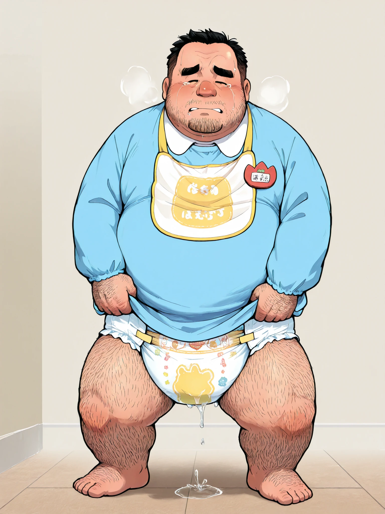 big fat dad, middle-aged,wide forehead,severe thinning hair,round face,stubble,hairy body,tearful,Diaper(plain),cute Bib,kindergarten uniform,high quality,無修正,Japanese,standing bowlegs and straining to defecate in kindergarten, The floor beneath him has a small puddle of liquid,