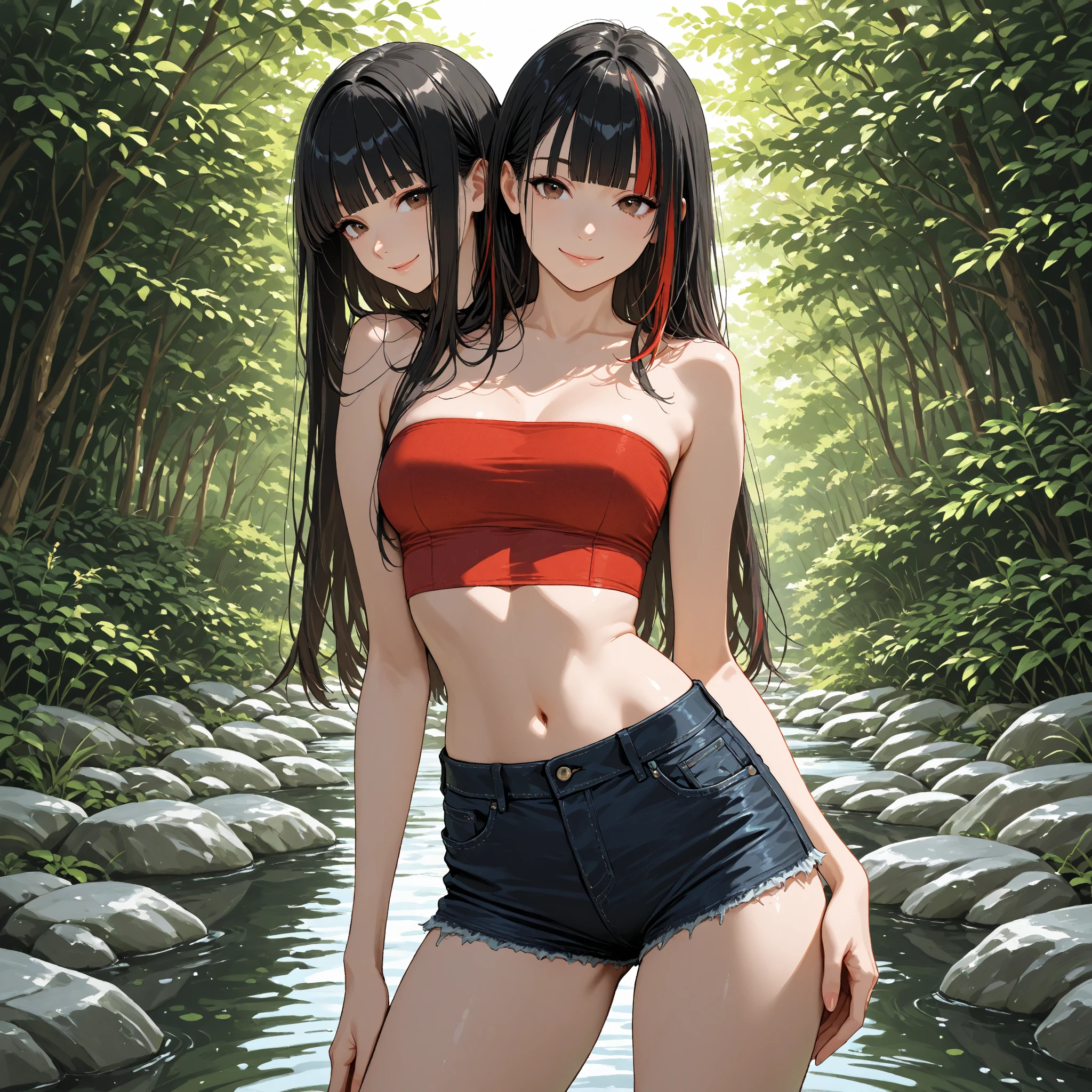 A highly detailed and beautiful anime girl, mitsuri, standing with an open crop top revealing her breasts, looking down and smiling, wearing a black skirt with a white background, (best quality,4k,8k,highres,masterpiece:1.2),ultra-detailed,(realistic,photorealistic,photo-realistic:1.37),intricate details, hyper realistic, digital art, vibrant colors, glowing skin, soft lighting, cinematic composition, elegant pose