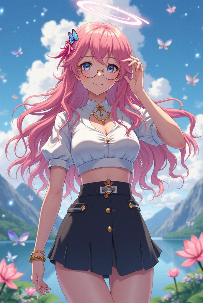 小さなgirl、Glasses、petal、Thick thighs、Big Ass、 (alone:1.5,)Very detailed,Bright colors, Very beautiful detailed anime faces and eyes, Look straight ahead, Shiny_skin,girl,(((long hair、Rainbow Hair, Colorful Hair, Half red、Half pink hair: 1.2))) 、Forehead is exposed.、Shiny hair, Delicate beautiful face, blush、(Turquoise Eyes), White skin, Valletta, Earrings,、blue flower field、(((See-through、Pink frilled dress with star pattern、、Black long skirt)))、Twin tails、smile、smile、Face dyed red、Strong winds