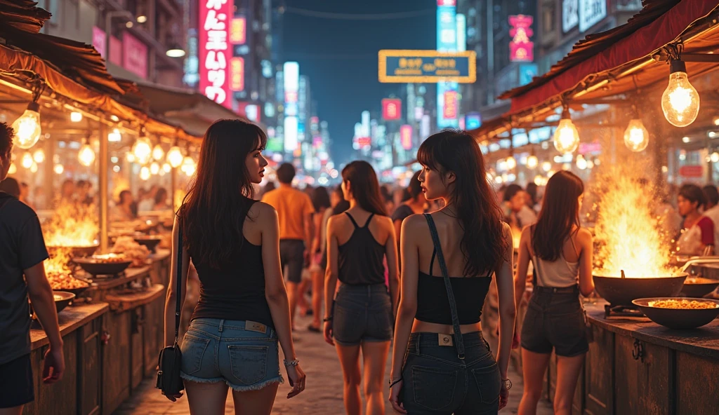 Beautiful, sexy Thai woman Wear a fashionable crop top, shorts, a bag, and high heels. Behind the scenes of the city at night