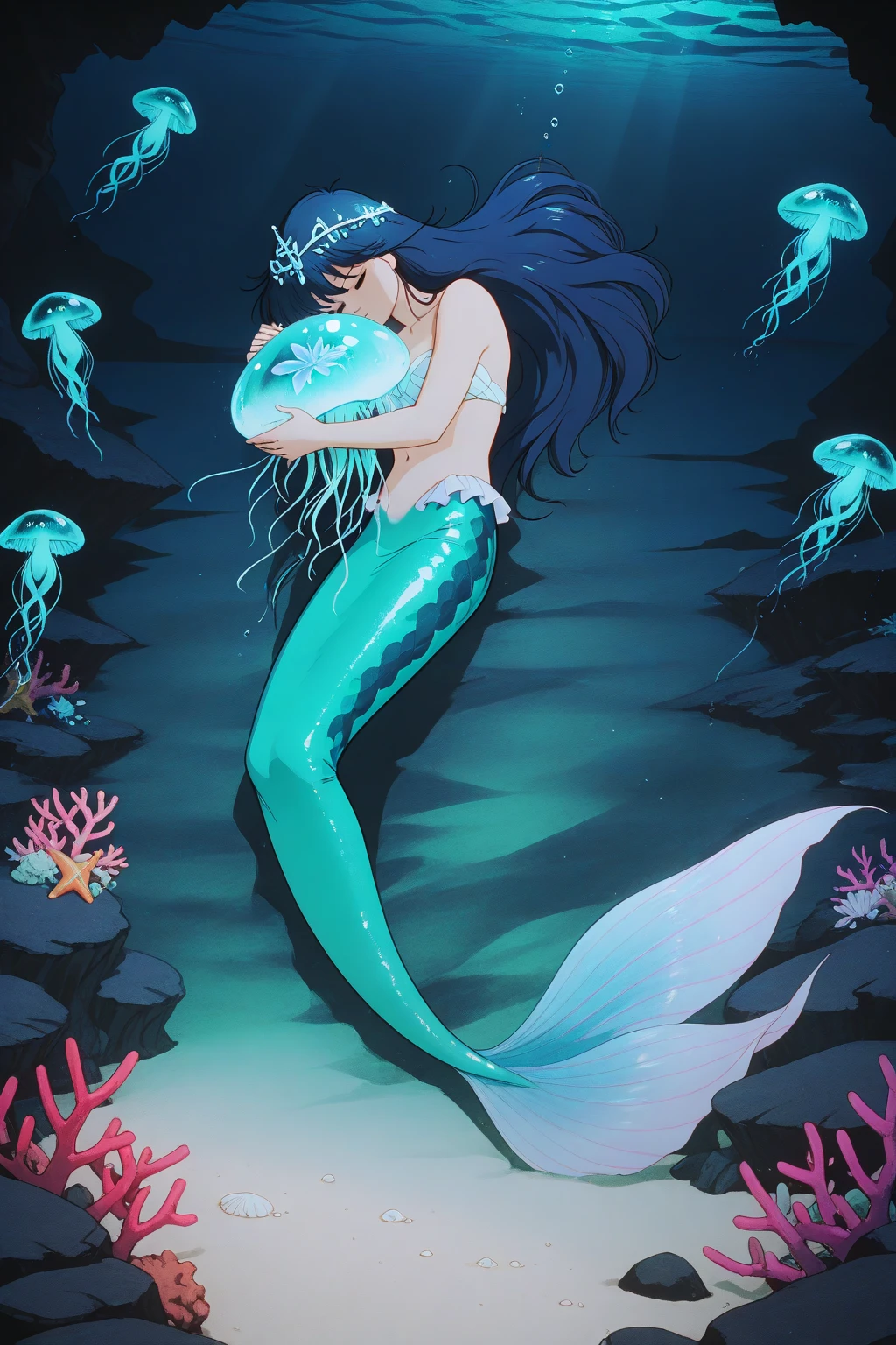 Sereia gorda encostada em uma rocha no oceano com uma lua cheia ao fundo, Deusa do Oceano, noite calma, digital illustation, sereia, uma sereia no mar, Deusa do Mar, 3d, fantasia, magia, hiper detalhes, corrigir rostos, arte, texturas reais, cabelos verdes, pele acinzentada, olhos turquesa, fix hands, corrigir rosto, sereia, cauda de sereia, linda, gorda