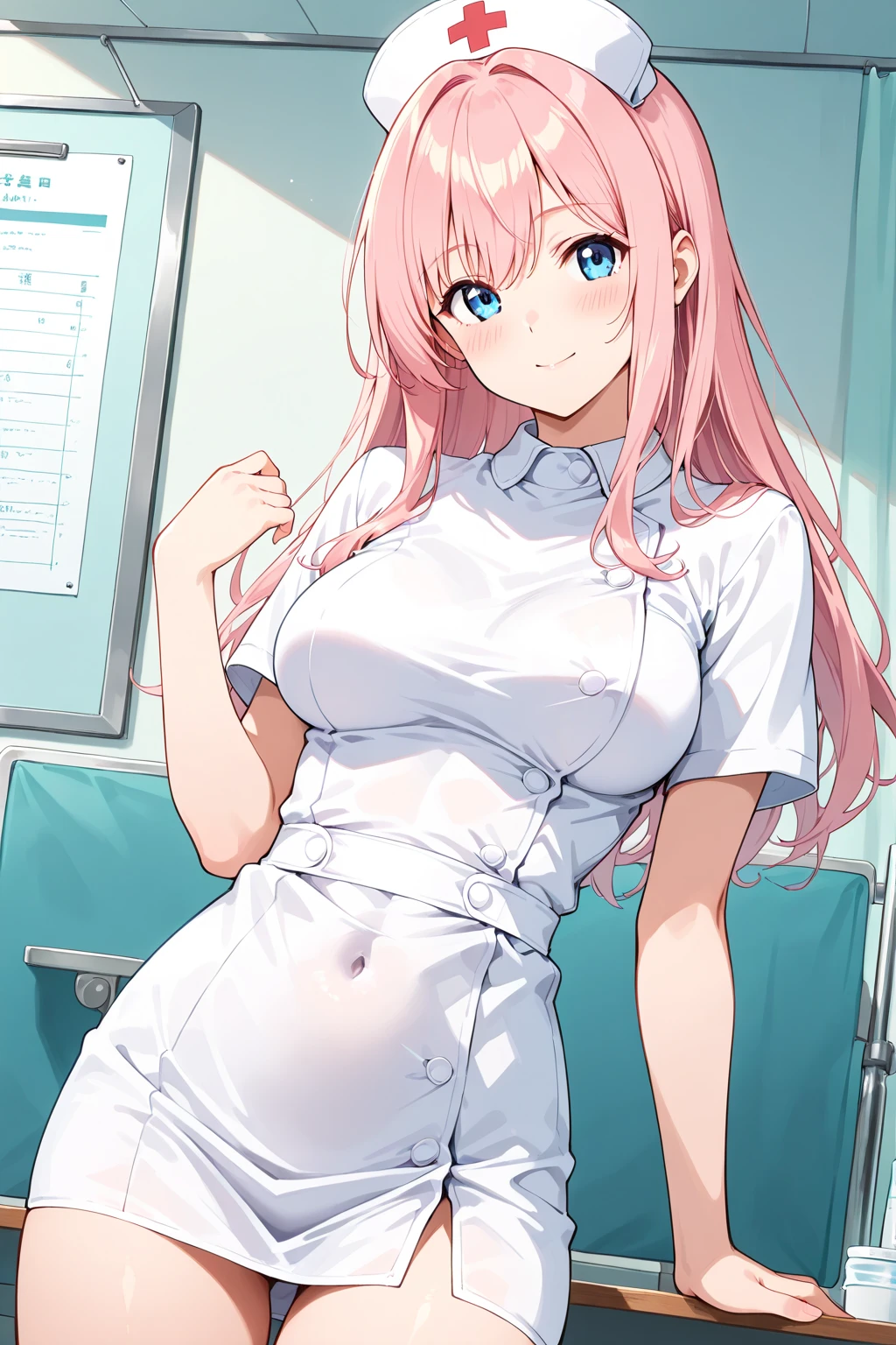 shikimori, slim legs, navel, short skirt, standing, beautiful eyes, blue eyes, happy, nurse, hospital, pink hair, long hair, thigh high socks, sitting