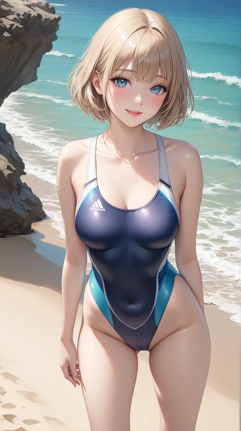 (masterpiece), 8k wallpaper, alone, Watanabe Yo, Are standing, In-person audience,School corridor, Side bust,One piece swimsuit,Low cut at hips, blue eyes, Beautiful and exquisite face and eyes,Camel Toe