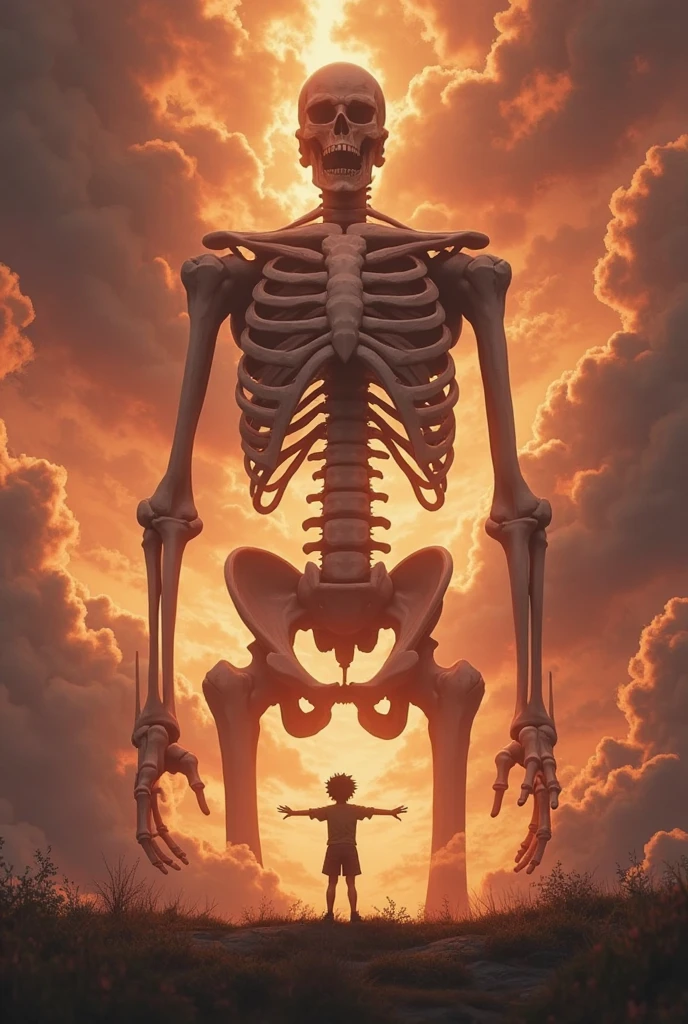 a man standing in front of a menacing but not malicious giant skeleton god with golden aura. in a heaven like setting. make the color softer
landscape