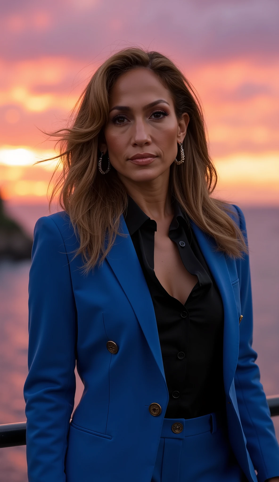 Jennifer Lopez elegant in blue suit and black shirt underneath realistic sunset style Realistic version, with evening light in the background.