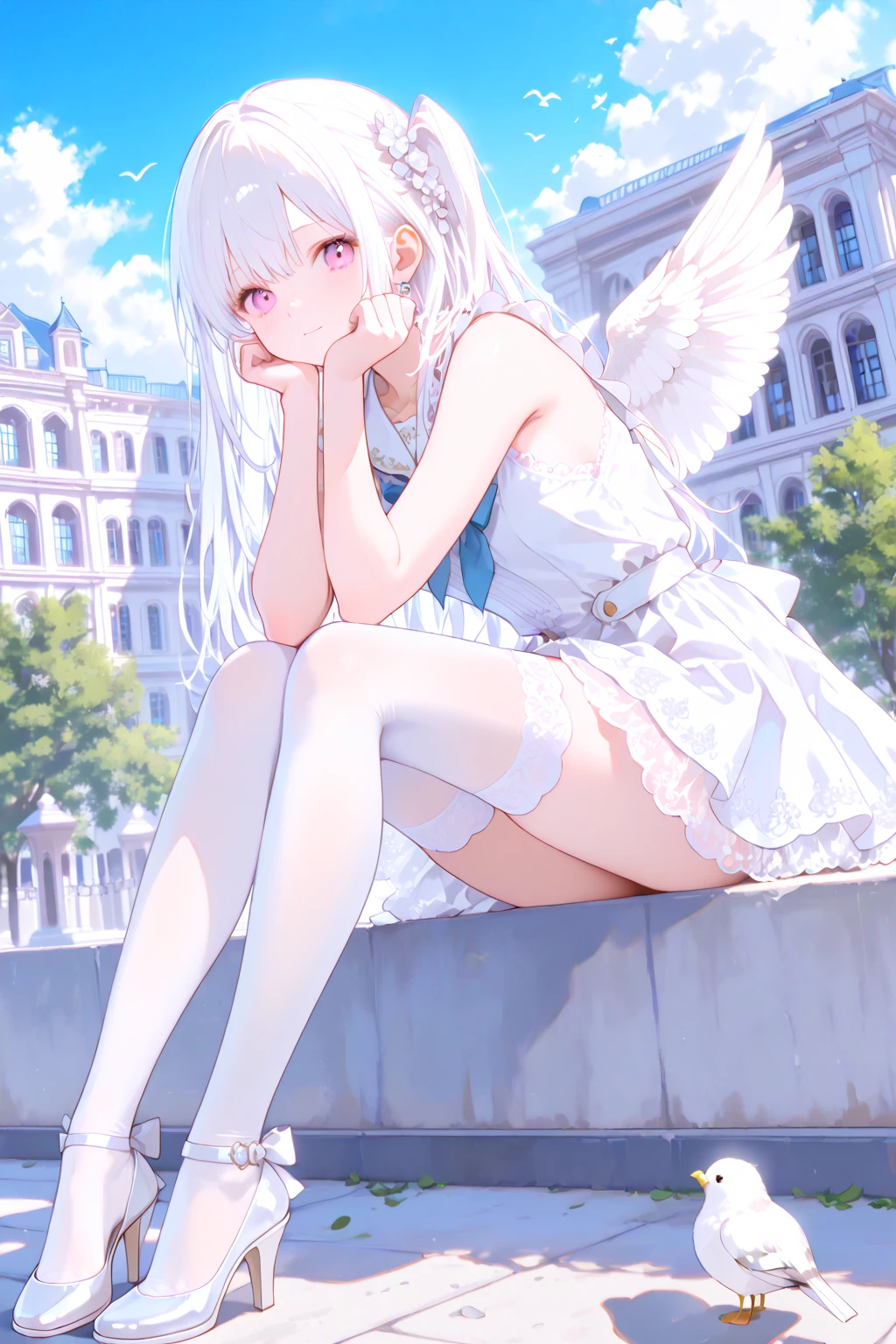 Aerial View,giant girl 50,000 feet high,Weight 1000kg,Has a pair of huge white angel wings,With huge devil horns on his head,Wearing a white crown on her head,Wearing white earrings,She has white hair that reaches her feet,loose hair,Long white wavy hair,Wearing a pair of white boots on her feet,White lace gloves,White lace pantyhose,Bow and star embellished tights,白色蕾丝whole body,Standing tall above the small town,Beautiful appearance,Exquisite makeup,quality,8k,高quality,Perfect proportion, Cinema lighting,film grain,Fuji colors,8k,textured skin,Super details,high detail,high resolution,fake smile,blood stains,脚底有blood stains,whole body,fat,feather,Squatting