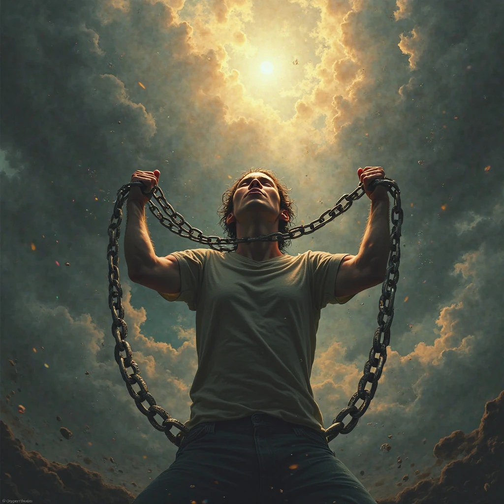 A person breaking free from chains of darkness, surrounded by swirling, ominous clouds. A bright, celestial light shines down from above, symbolizing the Son's love and salvation. The person's face is filled with joy and relief