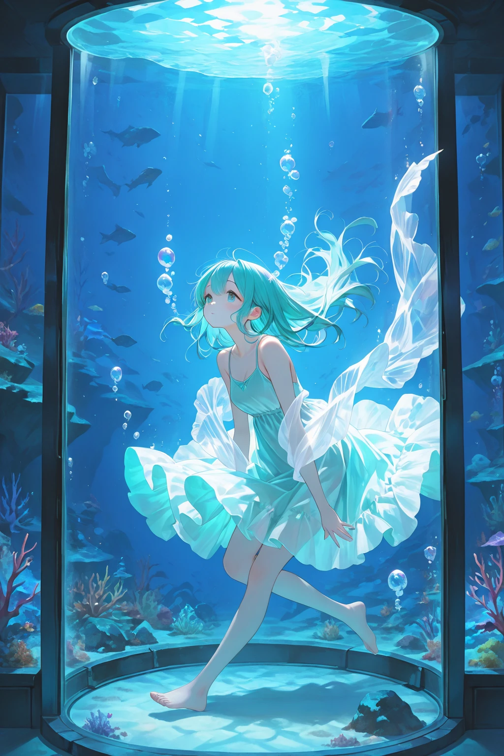 Please create an image of a beautiful girl melting into the deep sea. Use vibrant colors to depict the girl's transformation as she dissolves into the underwater environment. Show rays of light filtering through the water, illuminating the scene and creating a mesmerizing atmosphere. Capture the girl's serene expression and graceful movements as she merges with the mysterious and ethereal underwater world. Highlight the fluidity and transparency of the water as it envelops her, creating a sense of tranquility and enchantment.
