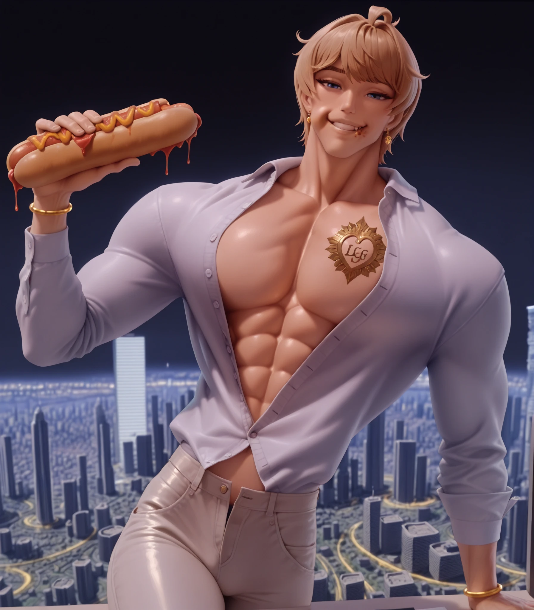 1boy, male focus, teenage male, shirtless, in arcade shop, blonde hair, brown eyes, thin yet sexy body, confident presence, casual yet bold demeanor, spontaneous and unconventional, relaxed but striking appearance, everyday setting contrast, <lora:detail_slider_v4:2>