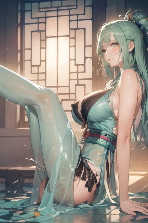 A girl with long blue hair covering one eye, emerald green eyes, and exposed breasts in a cheongsam