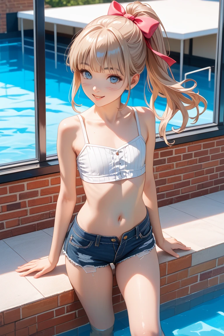 1 girl, Marie Rose, long-blonde hair, (((chignon hair)), smile, embarrassed, blush, hard:1.4, (small), micro bikini, (hard snuggling into the crotch), full body, ((squatting on the ground M-shaped legs open))), (legs open), (legs wide open from side to side)))), ((showing off the crotch to the viewer)), knee-bending sitting, perfect high heels, Example pool, Perfect eye, Perfect hand, Ultra high resolution, Cinematic angle, Professional lighting, Top quality, Masterpiece, Side light, Sharp, Perfect focus, Bokeh, Photorealistic, (Beautiful eyes with fine details:1.3), Real, (3D face:1.1), (Glossy skin:1.5), (Ultra high resolution complex facial detail), (Facial skin pores:1.3), Ultra high resolution cloth texture, 8k eye details, 8k pupils, staring at the viewer, ((crotch wide open to face viewer)), frontal shot, crotch height camera