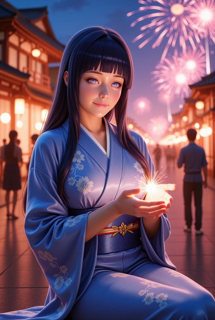 Comets glide through the sky, Fragmentation into fragments，The fireworks are still in the sky，A beautiful girl with long hair in a blue kimono stands on the lawn and looks up at the sky