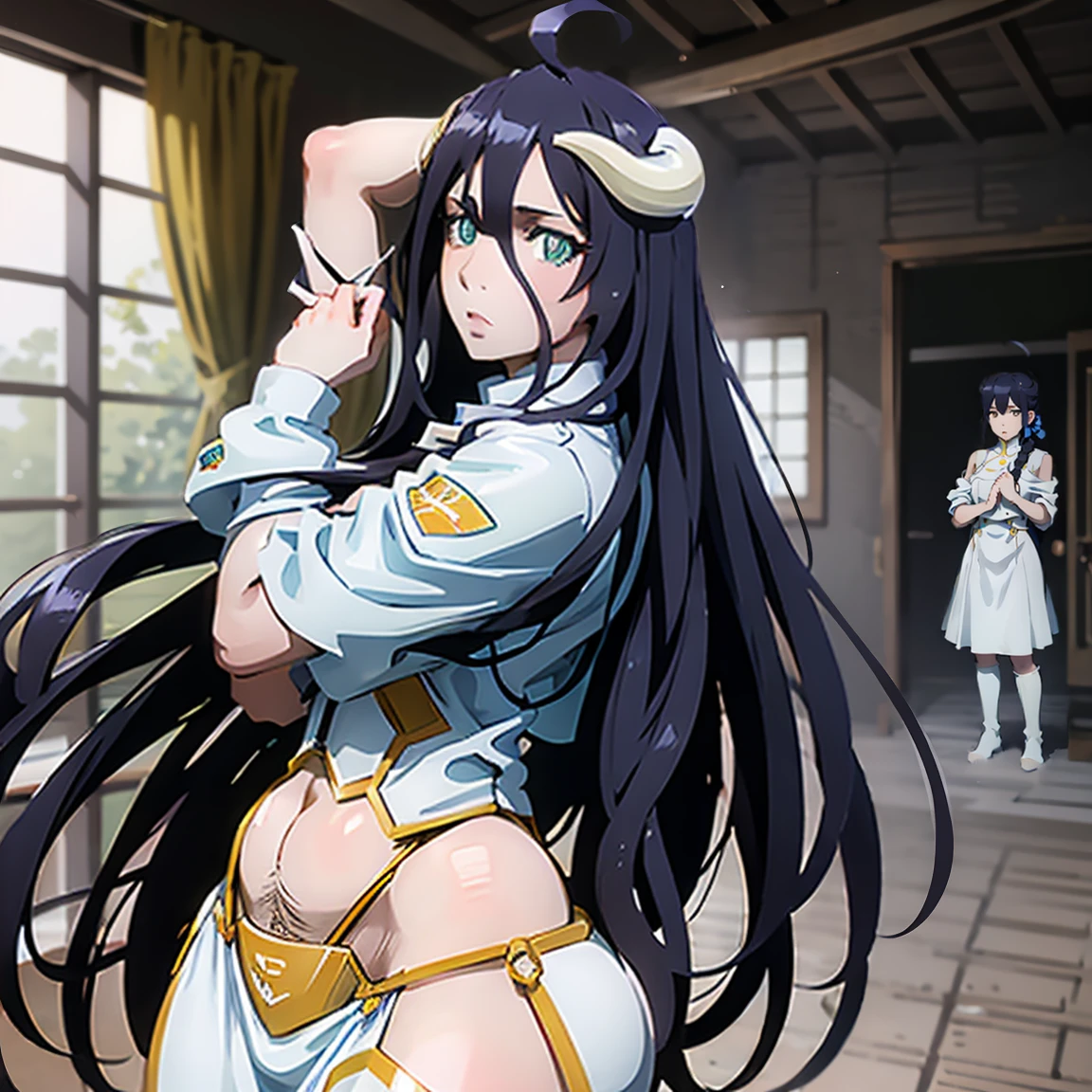 blue hair,,long hair,blue eyes,dark dress,in the office,