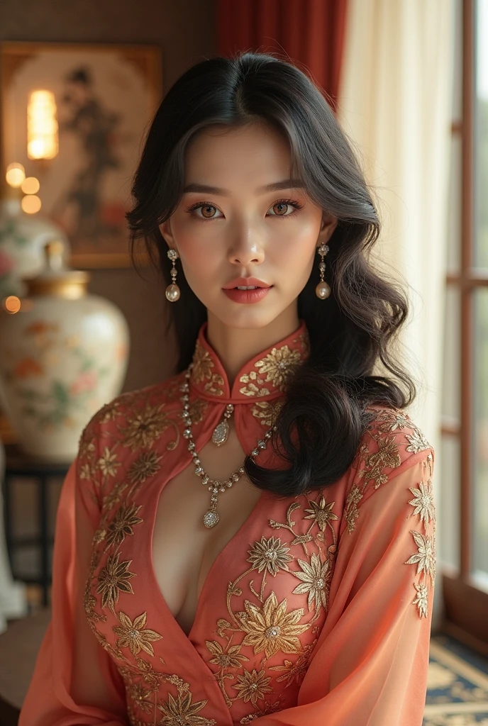 Breathtakingly beautiful.Breathtakingly beautiful.((Pleasure that goes through、突き抜けるorgasm、Incredible joy、orgasm、orgasm、orgasm、orgasm、orgasm))、Breathtakingly beautiful.Breathtakingly beautiful.Breathtakingly beautiful.One Girl, Highest quality、masterpiece、Ultra-high resolution、(Cowboy Shot),(Realistic), (Ultra-realistic), (Ultra-high resolution), (Ultra-high resolution), (One Girl), ((Ultra-Realistic Details)),(Realistic:1.4)Beautiful Face, Cute Face, 、RAW Photos, Highest quality,masterpiece,Highest quality,Ultra-high resolution),Best Images, (8k, RAW Photos, Realistic), A neat and beautiful Japanese woman, Rainbow light brown straight hair, big, Sparkling Blue Eyes, Long eyelashes, double eyelid, Half-open crimson alluring moist big thick lips, Large Breasts, Brawl Raising、, Down , Abdominal muscles, thin, Perfect Proportions, whole body, Black ao dai with gold embroidery, Blurred background red