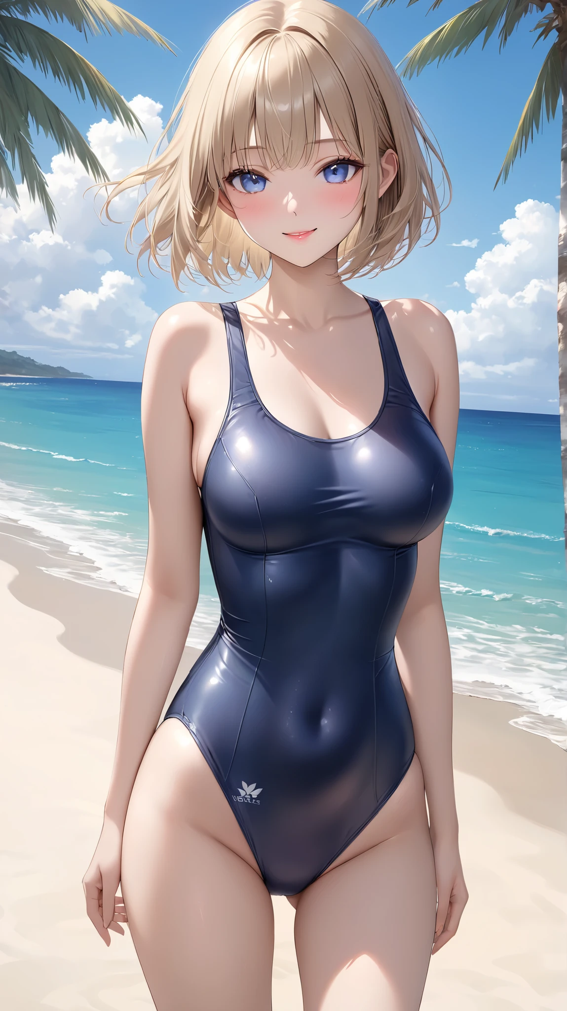 (masterpiece:1.2), (Highest quality:1.2),, Curvy but slender body, Perfect Eyes, Perfect Face, Perfect lighting, 2 girls, ,At the Beach,(Standing position),(One piece swimsuit),(whole bodyのフルショット),(short hair),(smile),Curly Hair, Quality clothing, Detailed outdoor background, Compensate, eye shadow, Thick eyelashes, Fantasy, Looking at the audience, whole body、blue sky、Bright and beautiful face、Young and shiny white glossy skin、The ultimate beauty、The most beautiful light blonde hair in the world、Thin Hair、short hair、Shiny beautiful bangs、Big, bright blue eyes、Very beautiful and lovely 18 year old, The most beautiful girl in the world、Big Breasts
