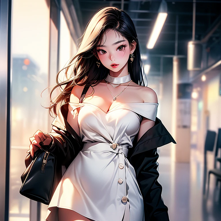 Uma garota negra, with long black hair and a face covered in a white blur, walking down a street in a city while playing a handheld video game