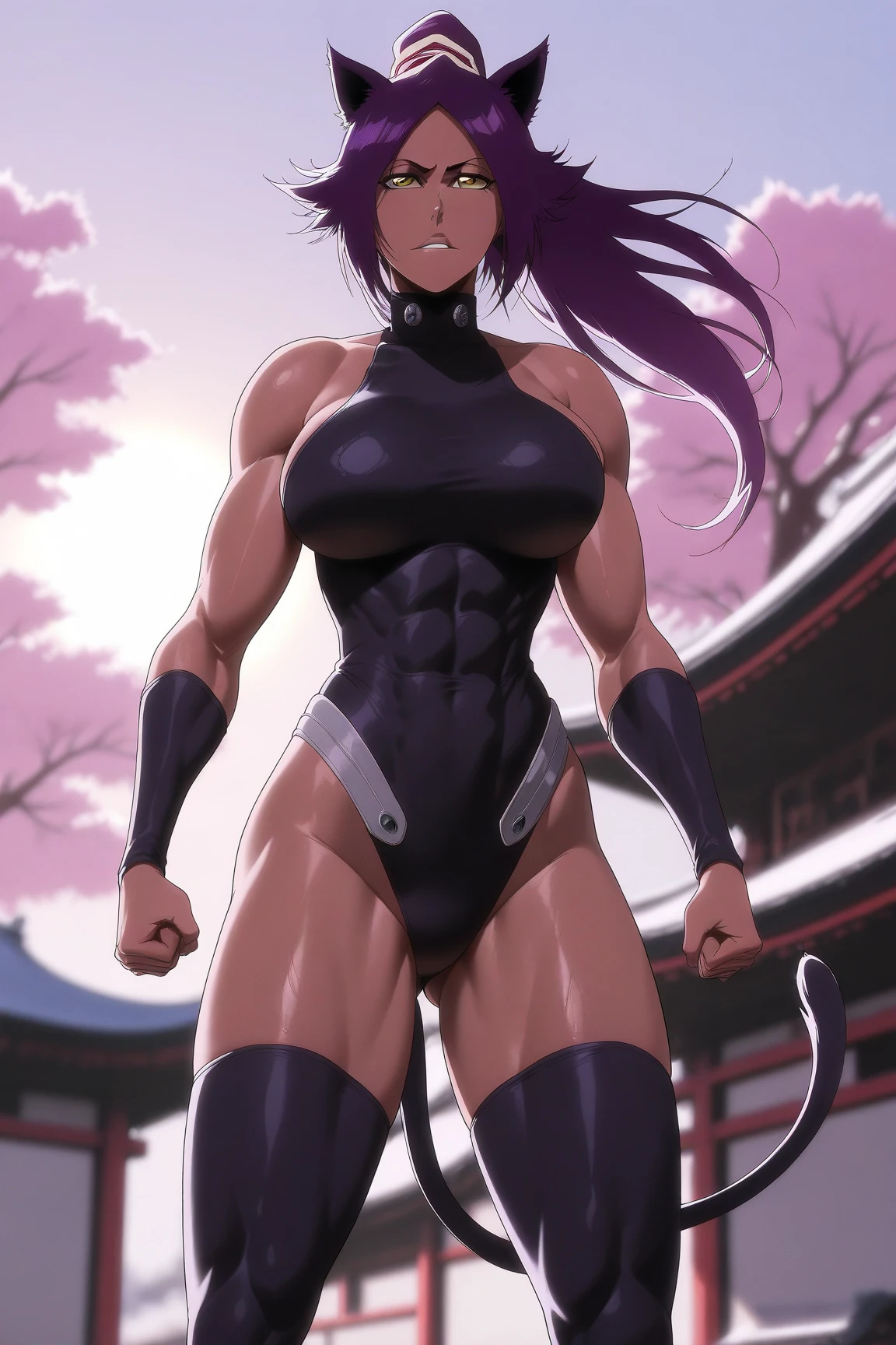 masterpiece,best quality,extreme detail,8k,<lora:yoruichi:0.8>, yoru2, 1girl, solo, long hair, breasts, looking at viewer, blush, large breasts, thighhighs, gloves, bare shoulders, yellow eyes, ponytail, purple hair, thighs, sky, day, black thighhighs, cloud, dark skin, leotard, dark-skinned female, blue sky, sideboob, covered navel, muscular, highleg, looking down, abs, from below, black leotard, highleg leotard, muscular female