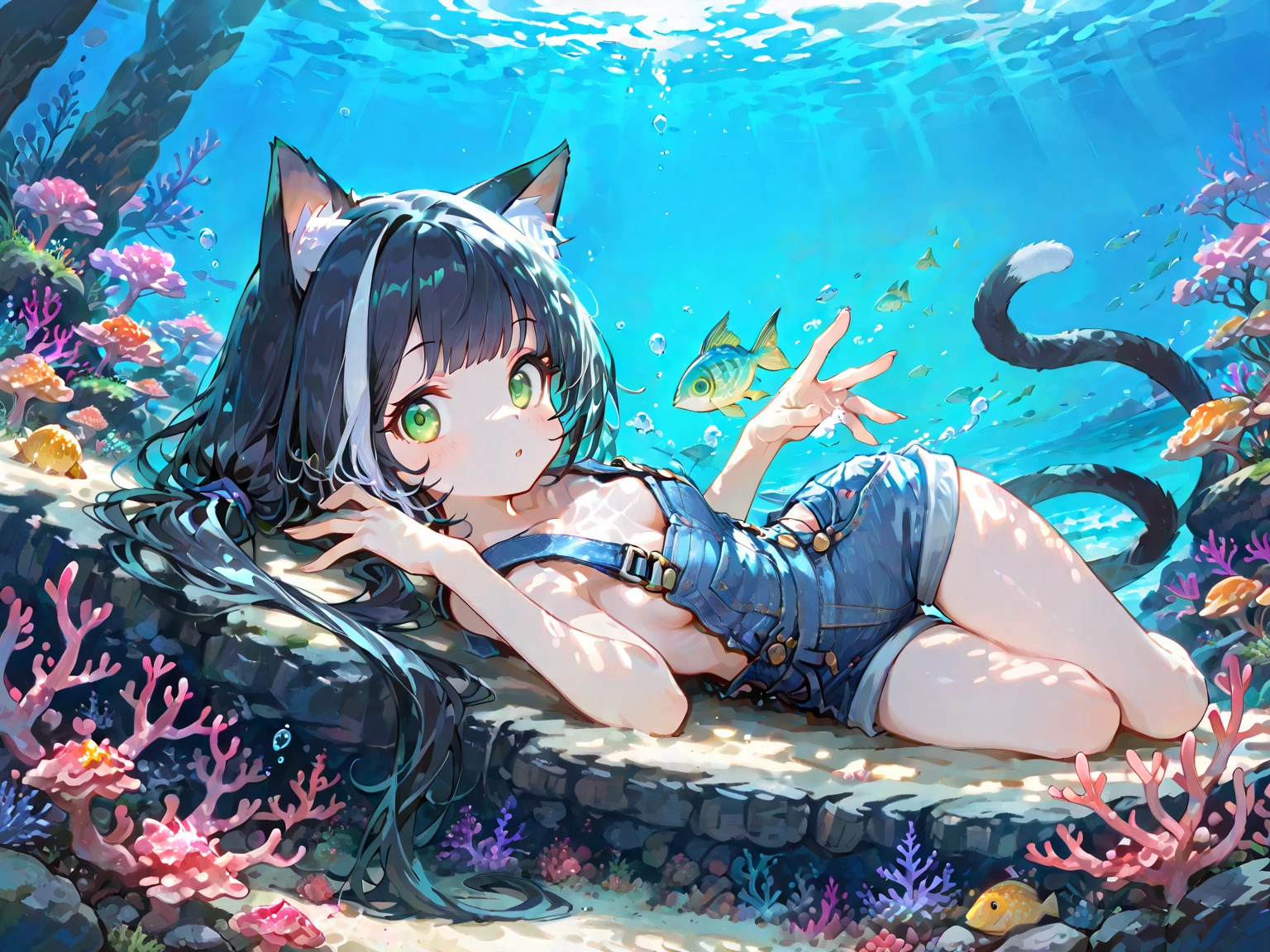Underwater, undersea, Fantasy world, In the dark of night, the eyes emit a searchlight light, Villages utilizing giant rabbits, giant rabbits are useful in people's lives, healing, transportation, and entertainment, women with cat-ears, bare shoulder,sideboob,Close-up of the upper body, deep sea-mist, cat trees on the sea, cat shadows under the sea, light and darkness,flying carrot-cats, Artistic, memorable masterpieces, moments in history,(fantastical and mesmerizing scenery) Watercolor:1.3, Delicate, Detail, Masterpiece, (sea-rabbits:1.3),intricate line drawing
