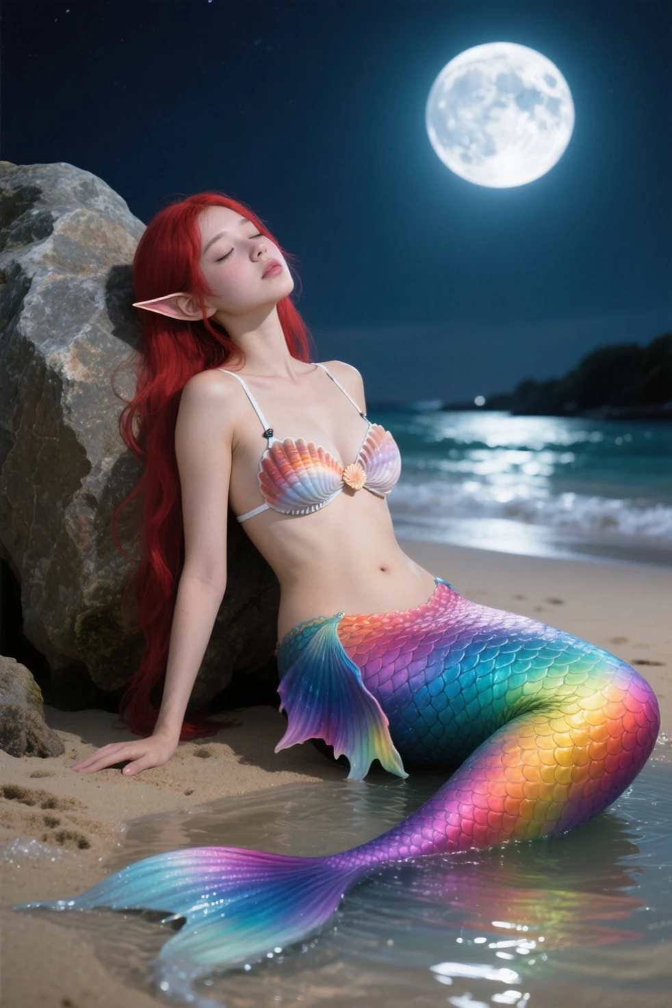 photo, stunner beauty, big boobs, orange winged mermaid, red foxy hair, unified mermaid tail, sitting on a rock