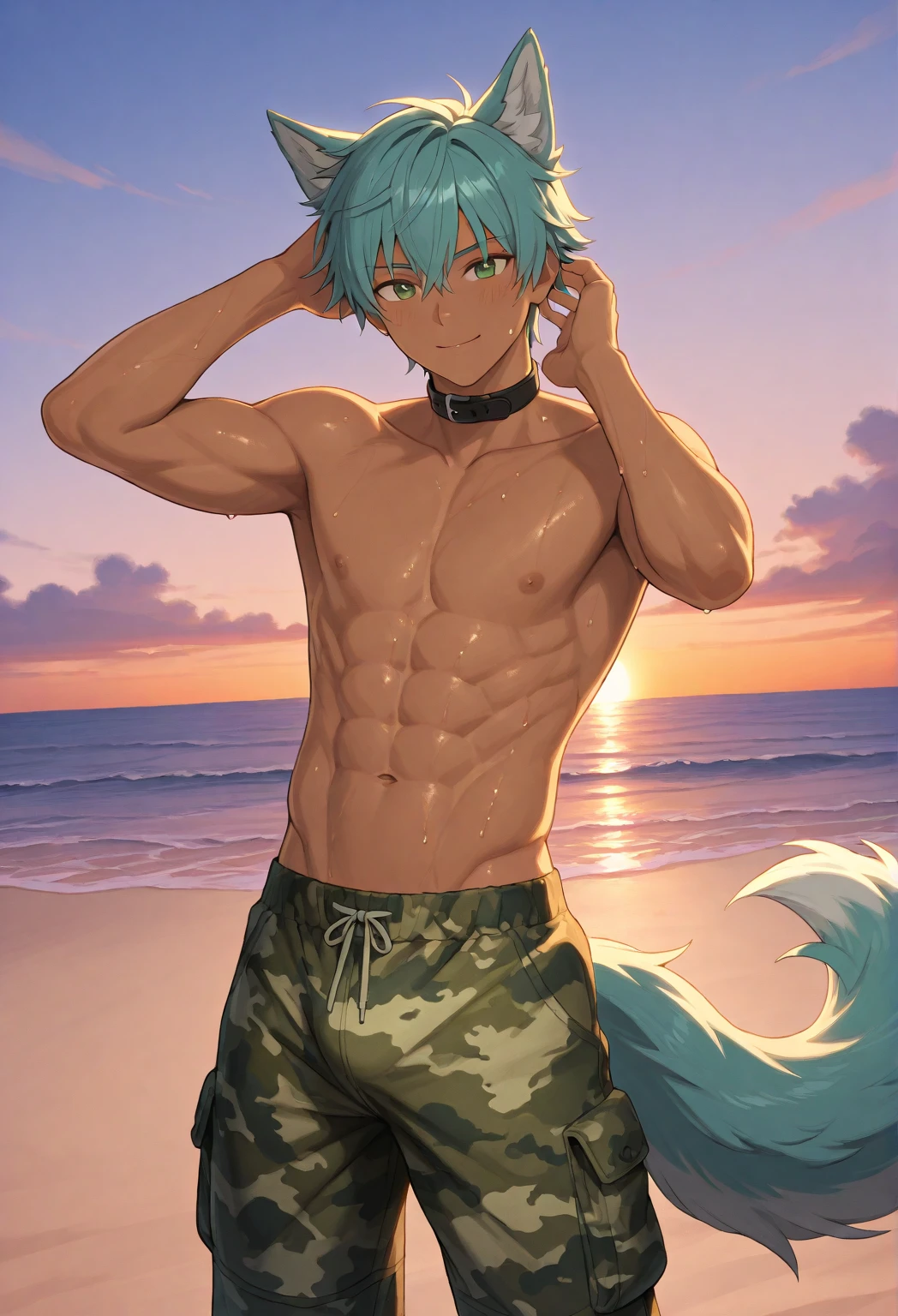 1 child,Alone,male focus,cowboy photo,alhaitham,Grey hair,short hair,Ahoge,green eyes,hair over one eye,shirt,shirt negra,gloves,shirt sin mangas,pants,standing, Pectorals,toned man,looking at the viewer , beach, sand.