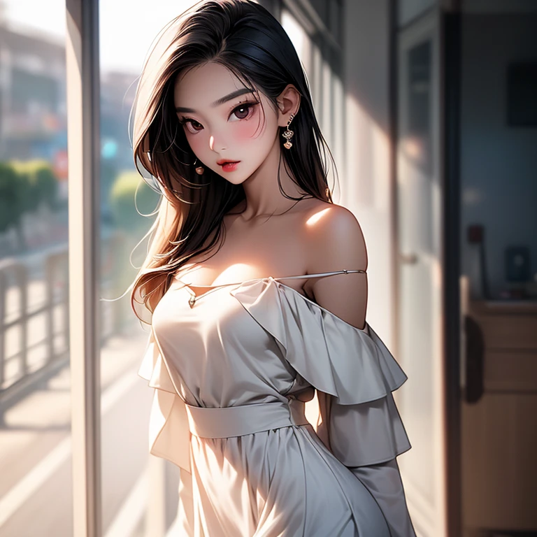(best qualtiy,A high resolution,tmasterpiece:1.3),A tall and beautiful woman,Slender abs,Dark brown hair in loose wavy styling,nedium breasts,Wear a pendant,white button-down blouse,obi strip,a black skirt,(Modern architecture in background),Beautifully rendered details in face and skin textures,Detailed eyes,二重まぶた,Bare chest