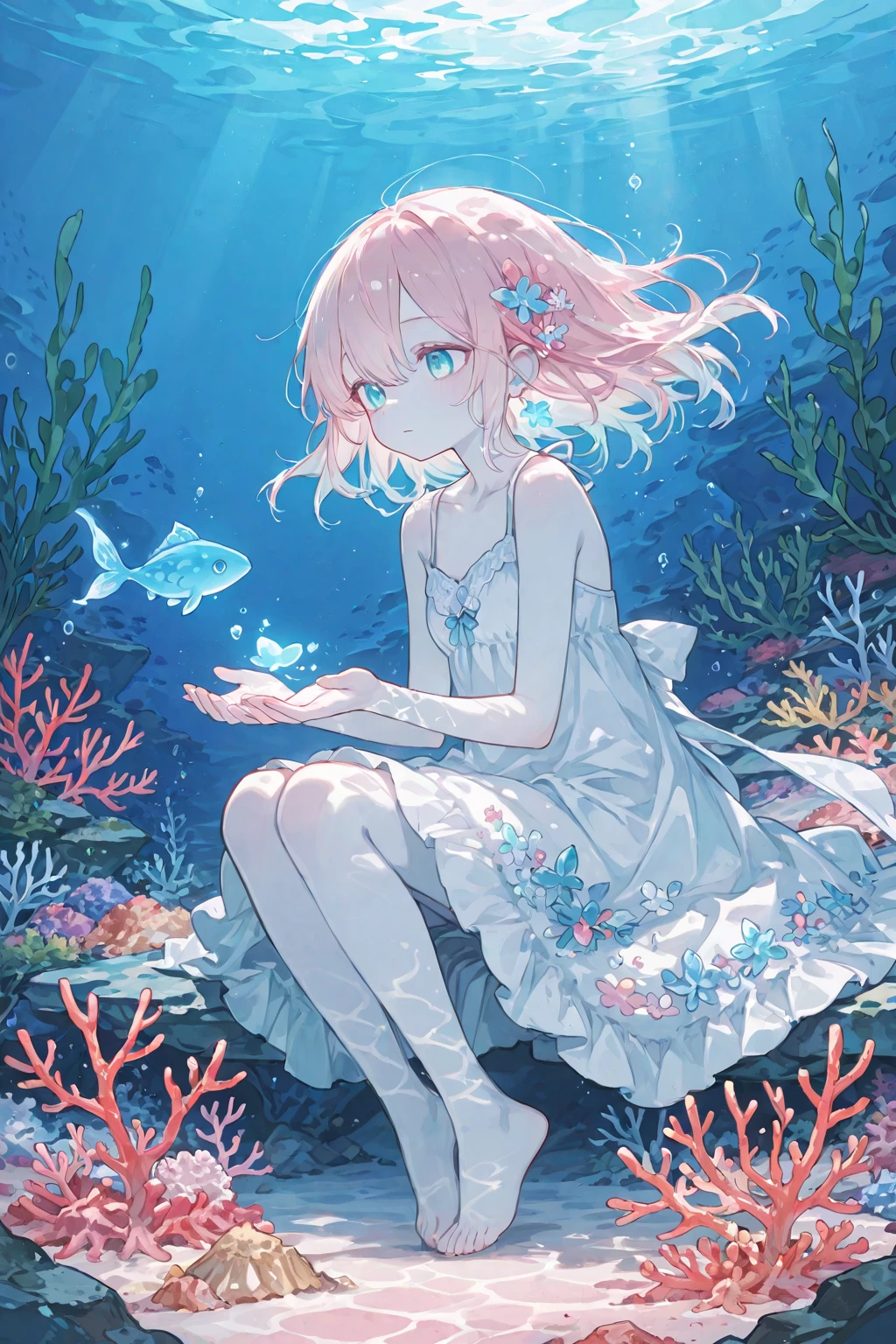 jellyfish、光るjellyfish、Aquarium、Tropical fish、colorfulな魚、girl、In the water、Spreading hair、Aquarium、Light pink transparent hair color、Gradient Hair、colorful、Beautiful colors、Neon color、Rainbow-colored